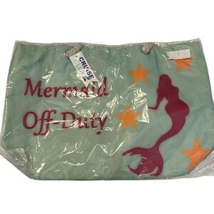 NWOT Cruise Club Mermaid Zippered Tote Bag Beach Bag Green/White Rope Handles …